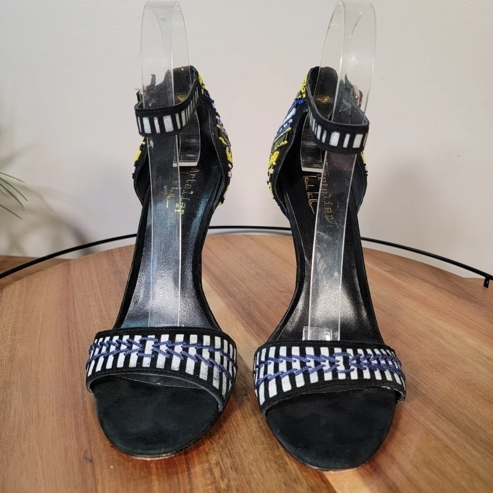 Nicole Miller Beaded Heels Multi Color Seed Bead Black Leather Stiletto Size 7.5